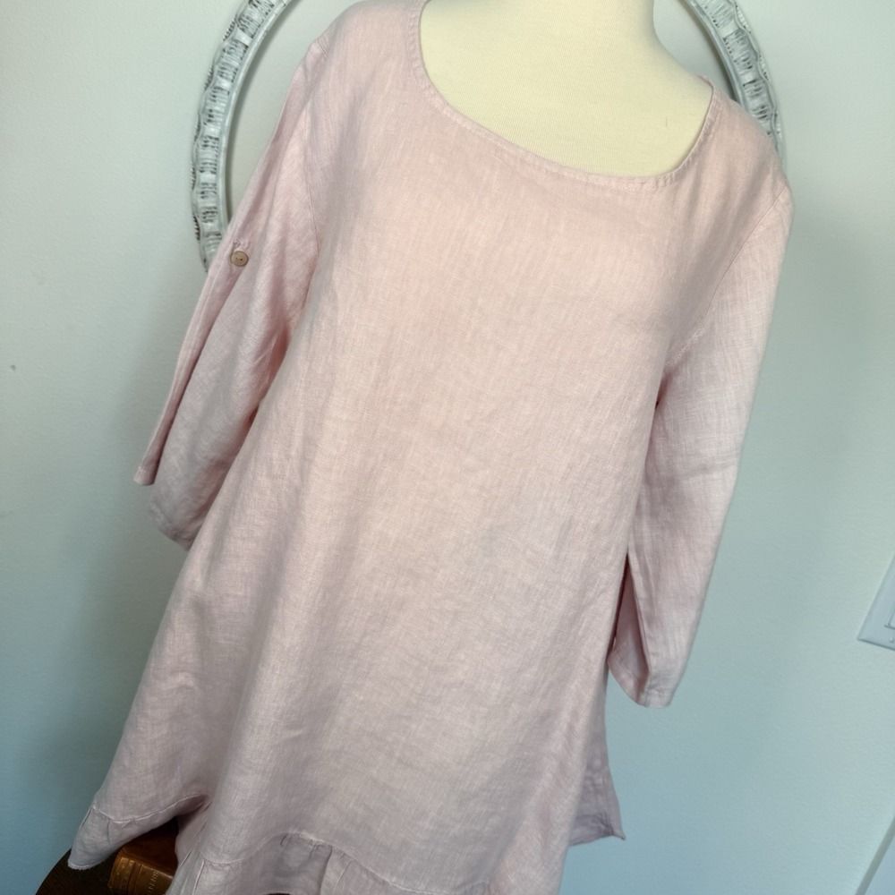 Women's L 100% Linen Made in Italy Lagenlook Ruffle Hem Pastel Pink 3/4 Roll Tab